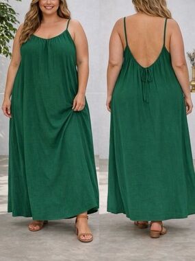 Backless Green Maxi Dress with Spaghetti Straps